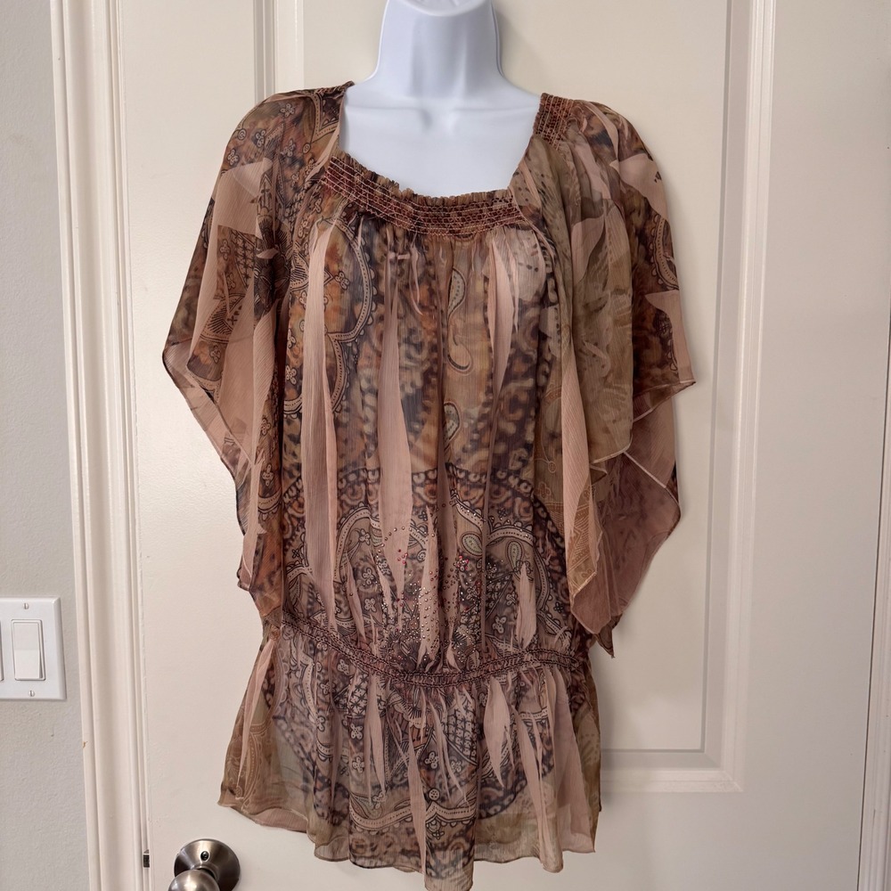 B.L.E.U. Y2K XL Top Paisley Leopard Print Smocked Sheer Chiffon Rhinestone VTG